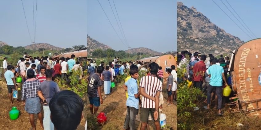 Oil tanker overturns in Ballari; villagers rush with buckets to collect spilled oil